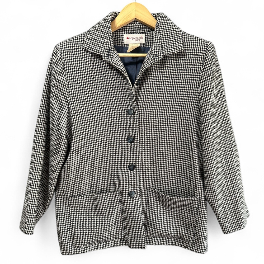 Appleseeds Petite Blazer Womens Size 10P Navy Houndstooth Career‎ Office